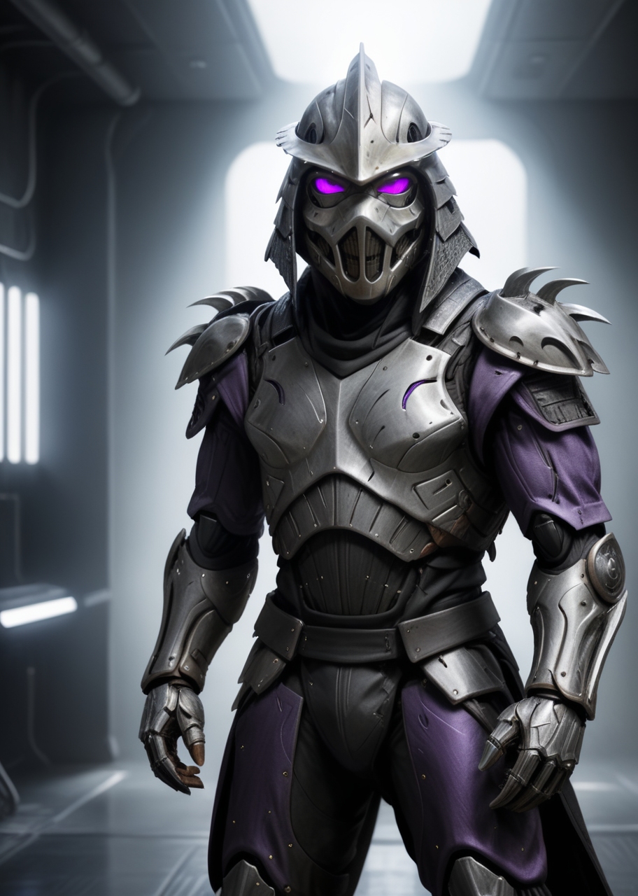 ((full body shot :1.3)), ((slender athletic build, tall)), a highres photo of a TMNTShredder 1man armored samurai knight, wearing a futuristic full armor purple outfit with pauldrons and futuristic metal samurai helmet with mask and armored boots, his helmet has a dark visor hiding his eyes, standing on futuristic metal floors in a futuristic facility filled with computers and futuristic machines, <lora:90s_TMNT_Shredder_SDXL:0.75> <lora:compb0t:1>