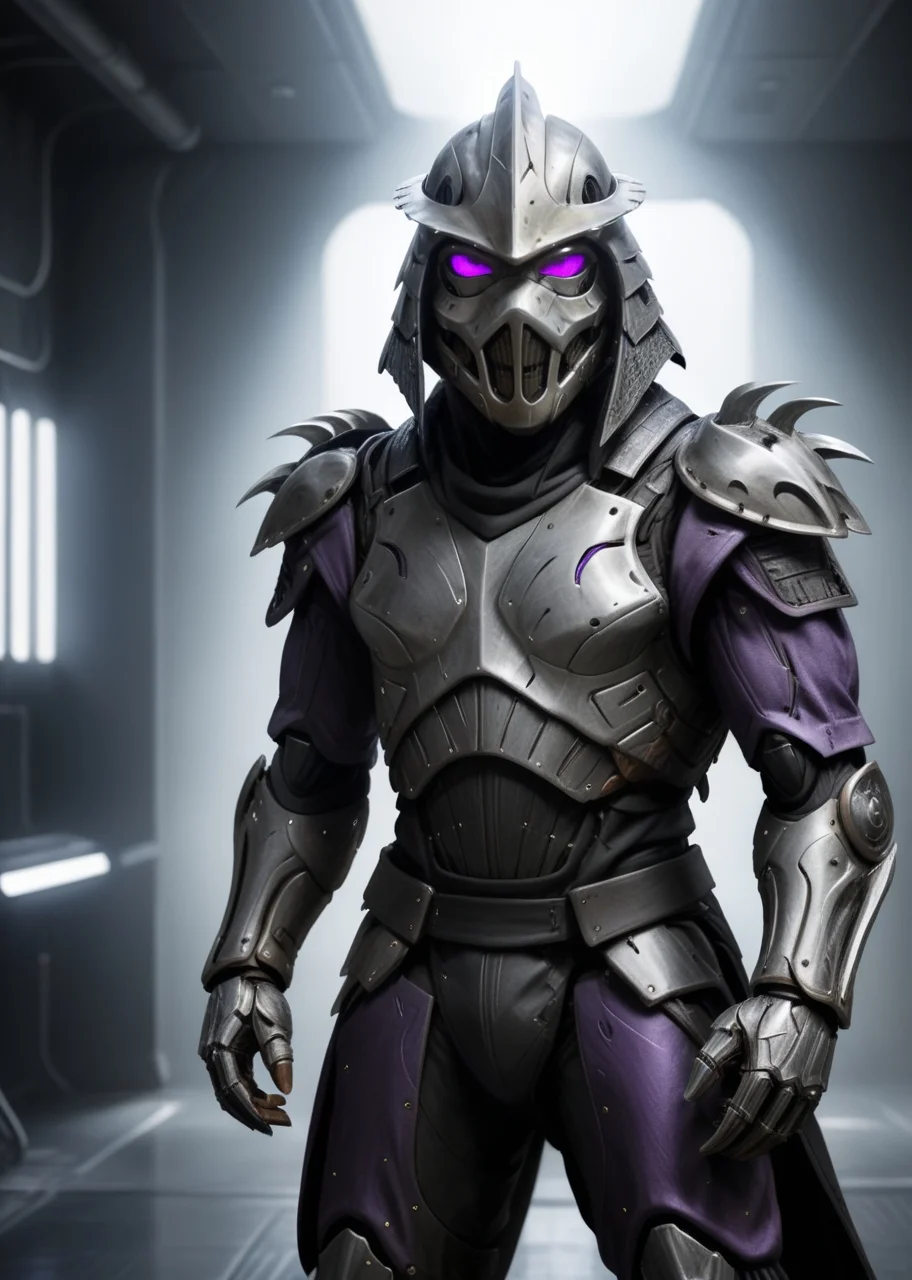 ((full body shot :1.3)), ((slender athletic build, tall)), a highres photo of a TMNTShredder 1man armored samurai knight, wearing a futuristic full armor purple outfit with pauldrons and futuristic metal samurai helmet with mask and armored boots, his helmet has a dark visor hiding his eyes, standing on futuristic metal floors in a futuristic facility filled with computers and futuristic machines, <lora:90s_TMNT_Shredder_SDXL:0.75> <lora:compb0t:1>