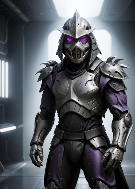 ((full body shot :1.3)), ((slender athletic build, tall)), a highres photo of a TMNTShredder 1man armored samurai knight, wearing a futuristic full armor purple outfit with pauldrons and futuristic metal samurai helmet with mask and armored boots, his helmet has a dark visor hiding his eyes, standing on futuristic metal floors in a futuristic facility filled with computers and futuristic machines, <lora:90s_TMNT_Shredder_SDXL:0.75> <lora:compb0t:1>