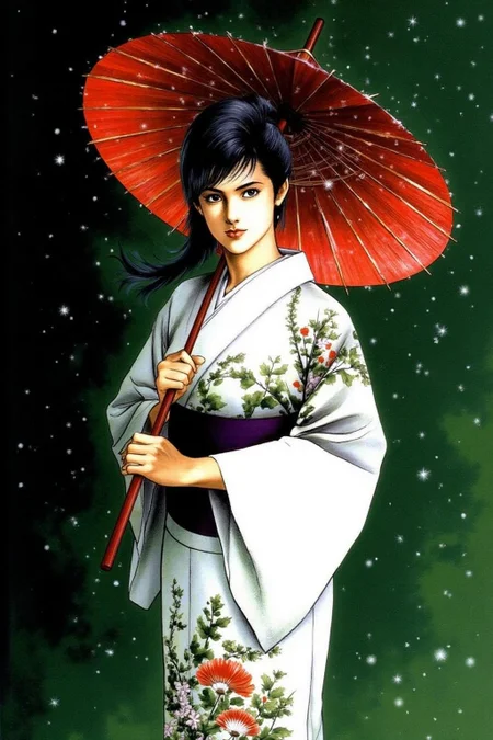 1keryo illustration.
A woman standing against a dark green, gradient background that simulates a night sky with snowflakes falling. She is holding a large, traditional oiled paper umbrella. <lora:1keryo1_cap_d6a3e12:1.0><lora:826545612922241811:0>