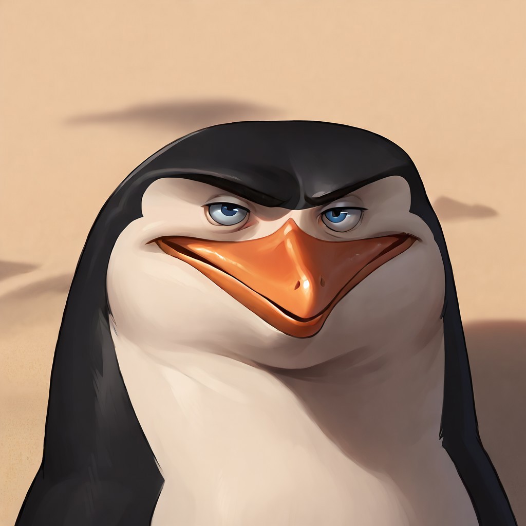 score_9, score_8_up, score_7_up, score_6_up, score_5_up, score_4_up, source_furry, hi res, smilling, portrait, Skipper, penguin, looking at the viewer, 2D, drawing, perfect eyes, feral, head shot, perfect beak, on a beach, smiling, winking, defiant gaze, narrowed eyes, furrowed brows