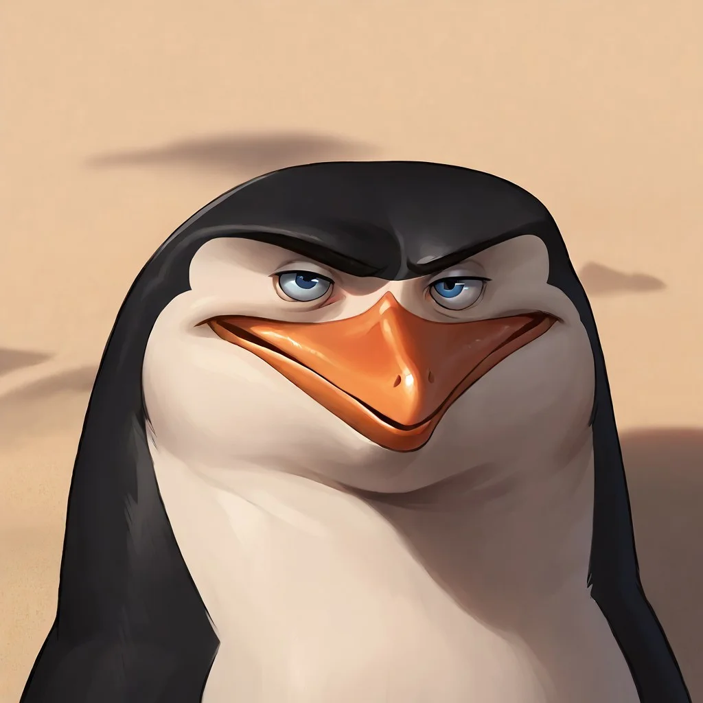 score_9, score_8_up, score_7_up, score_6_up, score_5_up, score_4_up, source_furry, hi res, smilling, portrait, Skipper, penguin, looking at the viewer, 2D, drawing, perfect eyes, feral, head shot, perfect beak, on a beach, smiling, winking, defiant gaze, narrowed eyes, furrowed brows