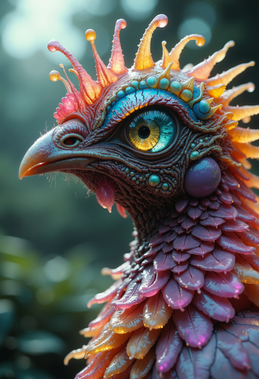 cinematic film still Ombre color scheme of neon colors: pink, yellow, purple:
a monster fusion of an (chicken:1.5) made out of b10t4c34an, iridescent exoskeleton, (outdoors on a farm:1.5) . shallow depth of field, vignette, highly detailed, high budget, bokeh, cinemascope, moody, epic, gorgeous, film grain, grainy