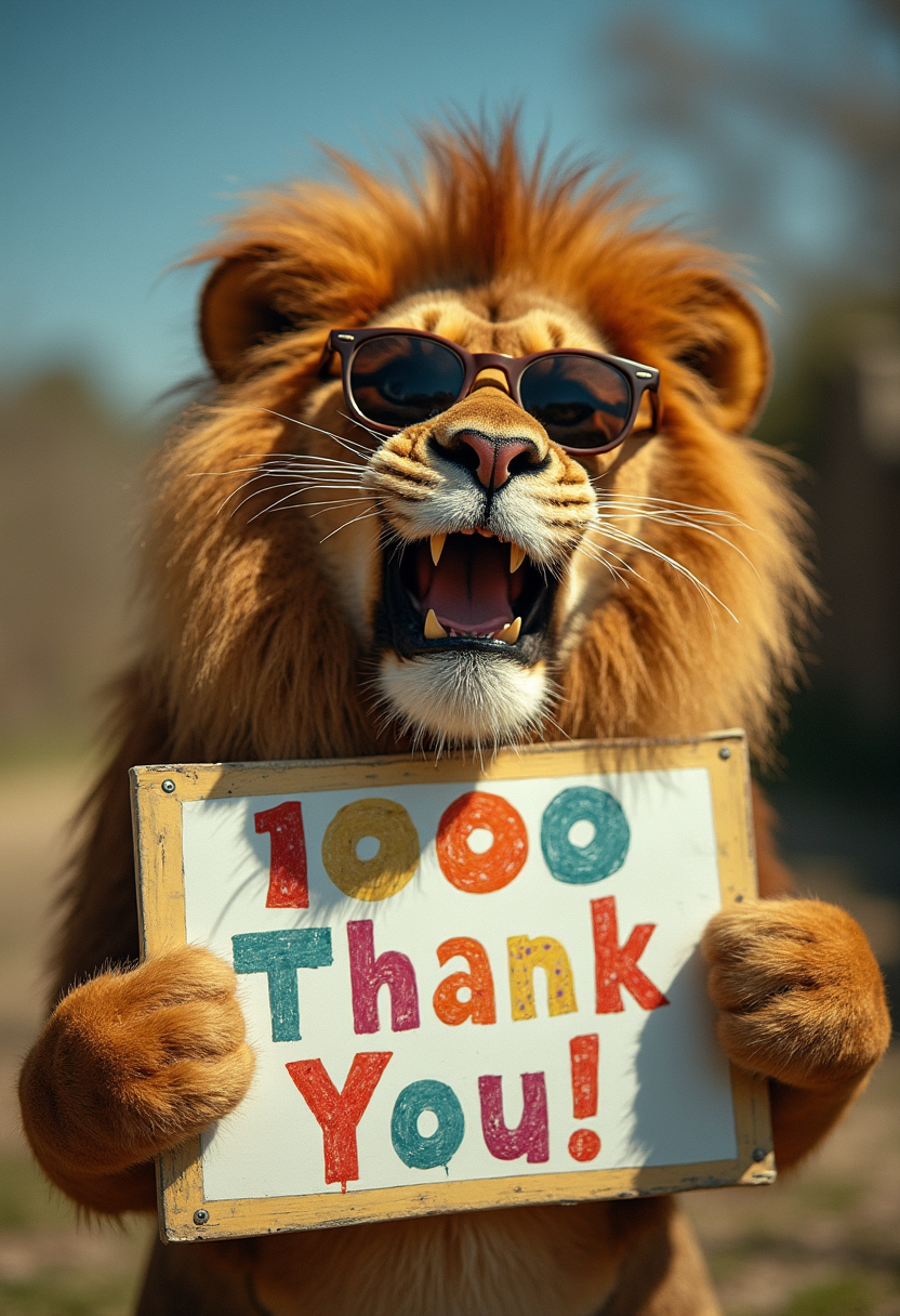 analog Photo of a cool happy lion with sunglasses holding a colorful sign saying "1000  Thank You !", raw cinematic masterpiece, whimsical