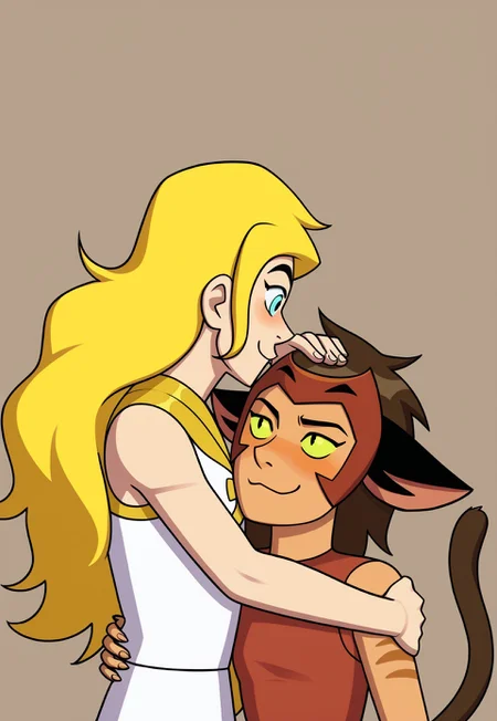 ((flat colour, 2 people,)) CHShRa, RAOutfit, upper body shot BREAK size difference CHCatra, CATBig Hair, hugging body, looking up at other figure, CASleeveless Outfit, CAHead Ornament,