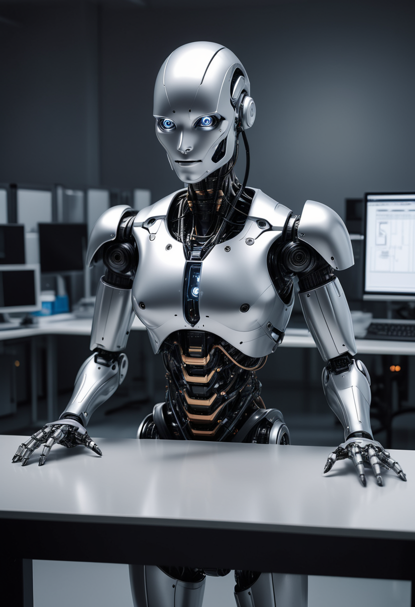 (medium full shot) of (agile robot), silver humanoid design, robotic faceplate, communication devices, set in  a state-of-the-art laboratory, with sophisticated equipment, advanced computers, sleek workstations, during the day, ,Masterpiece,best quality, raw photo, realistic, very aesthetic, dark
