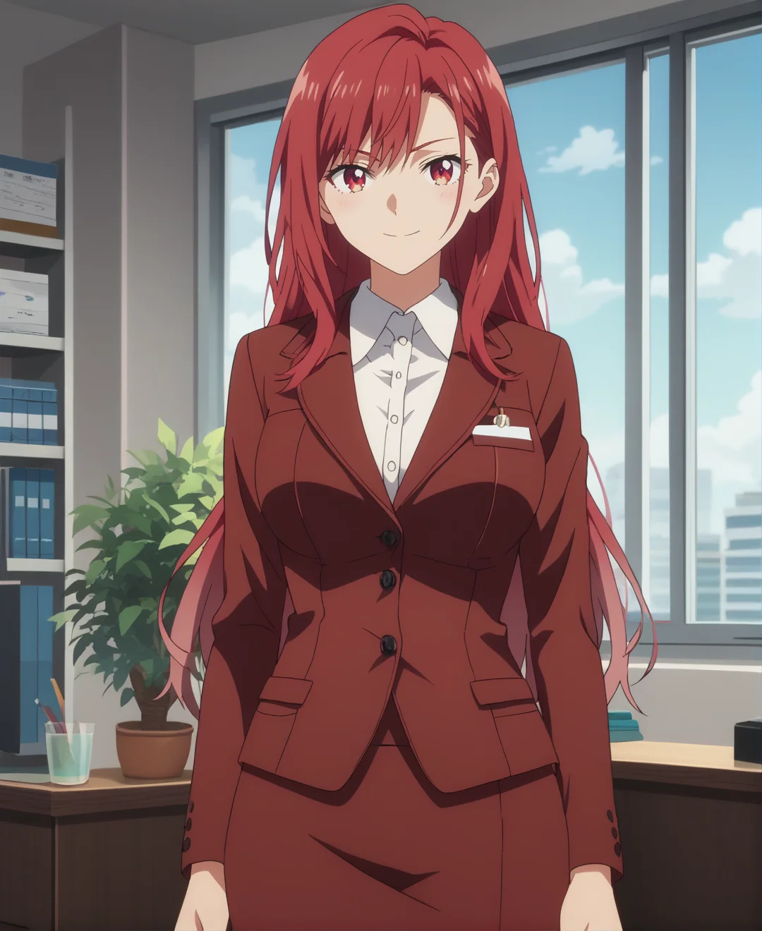 score_9,score_8_up,score_7_up,score_6_up,source anime BREAK, anime screencap,
1girl,standing, solo, red hair, long hair, bangs, red eyes, large breasts, office lady, indoors, front view, cowboy shot, light smile,
<lora:Anime Screencap_epoch_10:1.2>