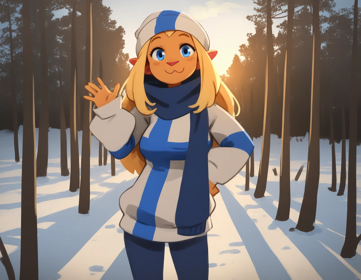 (artist: khyle.:1),
masterpiece, best quality, newest, absurdres, highres, detailed background,
detailed background, outdoors, forest, sunrise, winter, snow,
1girl, solo, mimmisuomi,
blonde hair, long hair, sidelocks, large breasts, blue eyes,
standing, sweater, flag print, finnish flag, yoga pants, straight-on, looking at viewer, :3, blue scarf, beanie, hand on own hip, cowboy shot, waving,
<lora:mimmi 2550 steps:1>