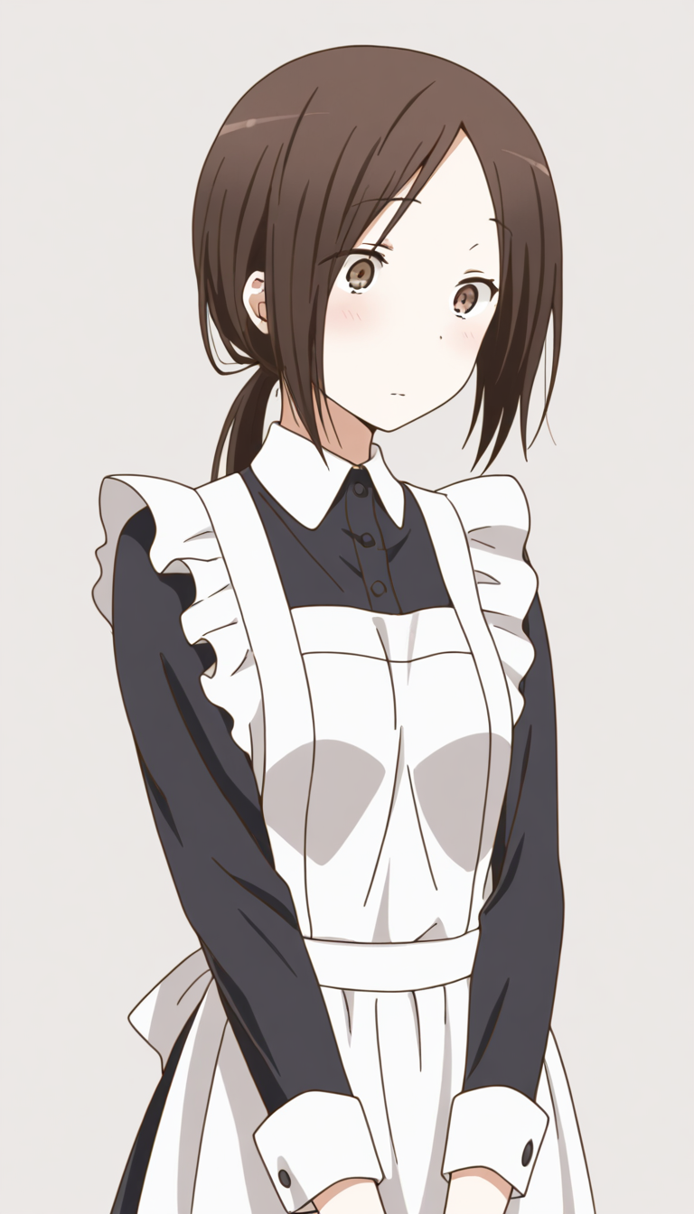 <lora:Fujimiya_Shiho:0.8>,fujimiya shiho,brown hair,brown eyes,solo,ponytail,simple background,maid, masterpiece,best quality,amazing quality