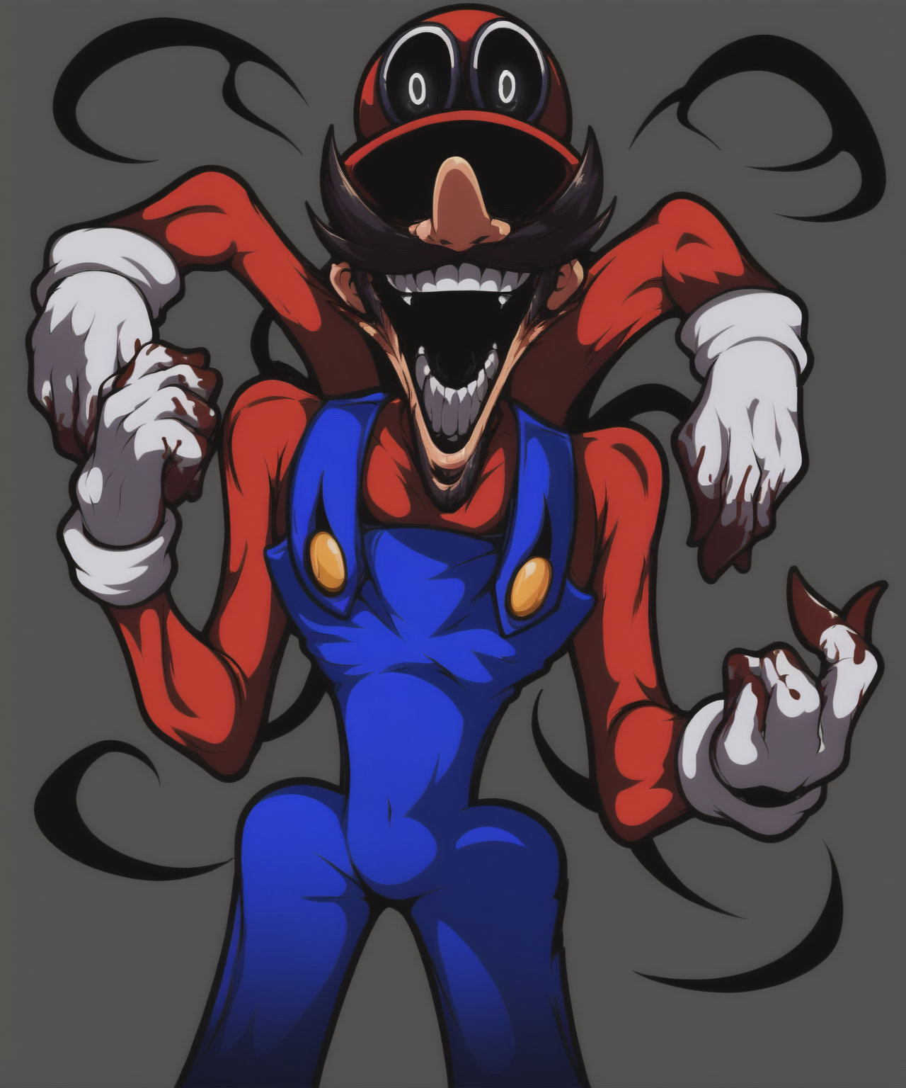 <lora:Ultra_M_FNF_Mario_Madness_v2_PONY_XL_by_Mlaofmd>, <lora:StS_detail_slider_v1:4.0>score_9, score_8_up, score_7_up, 1boy, solo, looking at viewer, low-angle view, ultra m, looking at viewer, hat, facial hair, black sclera, white pupils, white gloves, overalls, (forest background,)