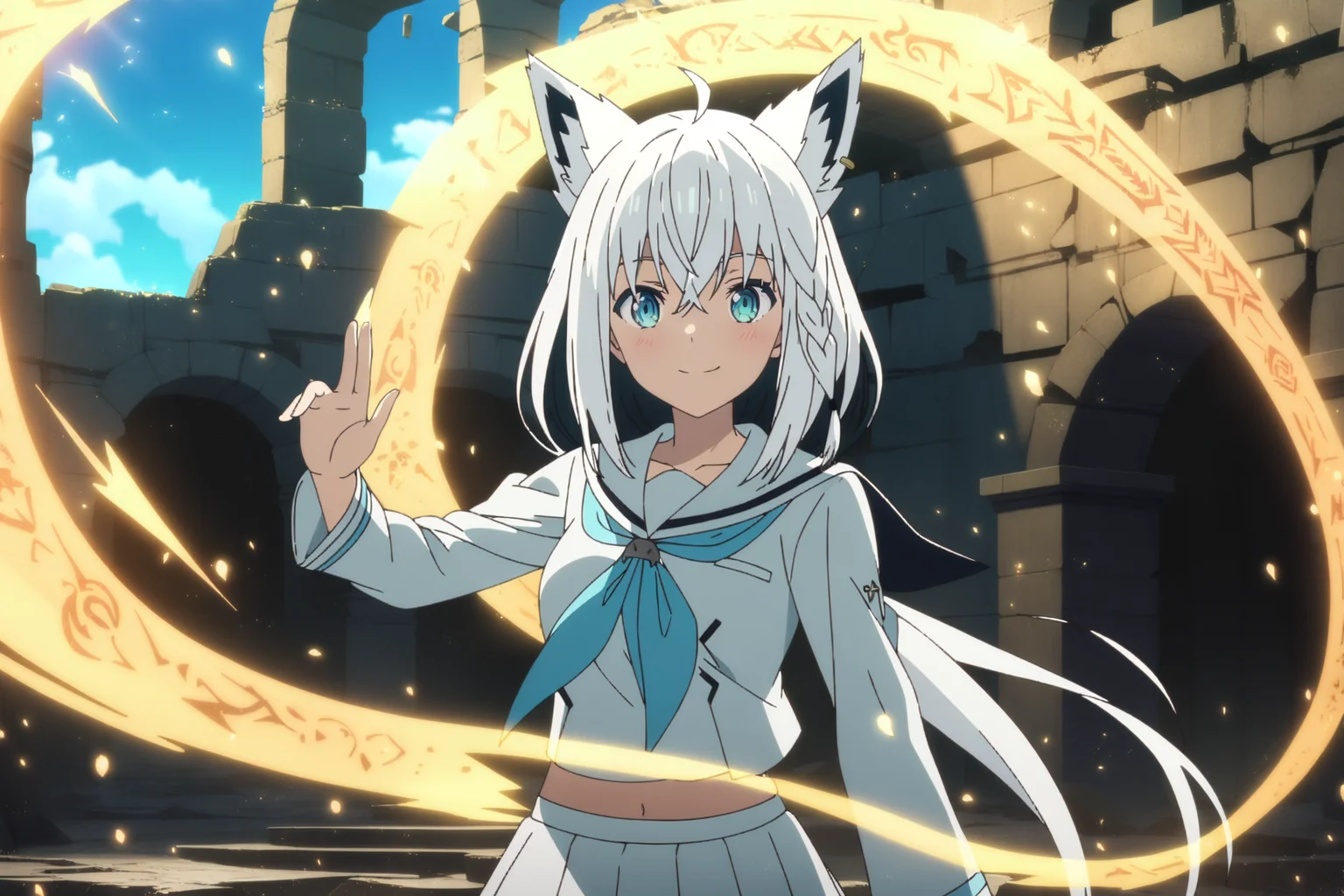 1girl, shirakami fubuki, hololive, masterpiece, best quality, absurdres, (sailor uniform, smiling, fox ears, wellington glasses, exposed midriff:1), (ancient ruin:1.2), (conjuring magic spell), clear blue sky, strong wind, (sparkles:0.6), (tiny embers:1.2), professional illustration, cinematic, action anime screencap, intricate detail, <lora:add-detail-xl:0.7>