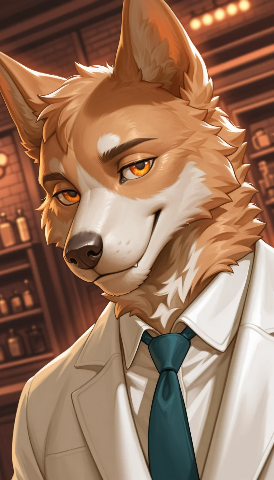 1boy, solo, close-up portrait, dog wearing steampunk lab coat in a 19th century pharmacy shop interior, muscular, orange eyes, collared white shirt, necktie, global illumination, pose, smile, dutch angle, face focus, close-up, complex background, steampunk pharmacy shop, BREAK, cinematic, eyes, detailed eyes, depth of field, detailed fluffy fur, photorealistic details, volumetric lighting
