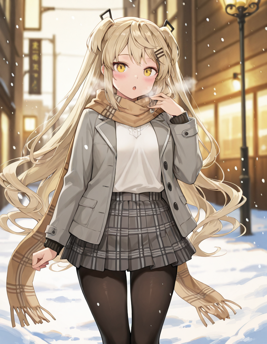 Volumetric Lighting, (masterpiece), (best quality), (ultra-detailed), masterpiece, source_anime, score_9, score_8_up, score_7_up BREAK, illustration, disheveled hair, detailed eyes, perfect composition, moist skin, intricate details BREAK, Deagle, 1girl, solo, long hair, looking at viewer, blush, open mouth, skirt, blonde hair, shirt, hair ornament, long sleeves, very long hair, standing, jacket, yellow eyes, white shirt, pantyhose, pleated skirt, outdoors, open clothes, shoes, hairclip, hand up, scarf, blurry, :o, open jacket, two side up, plaid, black pantyhose, depth of field, blurry background, plaid skirt, breath, snow, snowing, grey jacket, plaid scarf, brown scarf