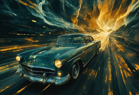 A sleek, shiny vintage car roars down a desolate highway, its form a silhouette against the breaking dawn. The road stretches endlessly, glowing with streaks of deep cobalt, vibrant gold, and shimmering teal that bleed into the sky, casting an ethereal glow over the surreal landscape. Directional light from the rising sun creates sharp contrasts, highlighting the swirling mist that clings to the ground and refracting into shimmering light particles suspended in the air.
The car’s headlights blaze through the haze, their beams carving bright trails that dissolve into the motion blur of its overdrive pace. The close-up view captures the car’s polished surface in exquisite detail, its chrome accents reflecting a kaleidoscope of shifting hues as if alive with energy. The road below blurs into streaks of motion lines, adding a visceral sense of speed and urgency, while the elongated shadows of the car dance across the cracked asphalt.
Above, the sky churns with vivid, surreal hues, swirling like molten glass, creating a striking juxtaposition against the gothic emptiness of the road. The haunting beauty of the dawn evokes a sense of transition—both an ending and a beginning—while the image’s vibrant colors and dynamic perspective immerse the viewer in a cinematic moment of raw, unrelenting motion.The entire scene exudes symbolism—speed, freedom, and the fleeting passage of time. The motion and vivid colors pull the viewer into a dreamlike, cinematic moment frozen in time.