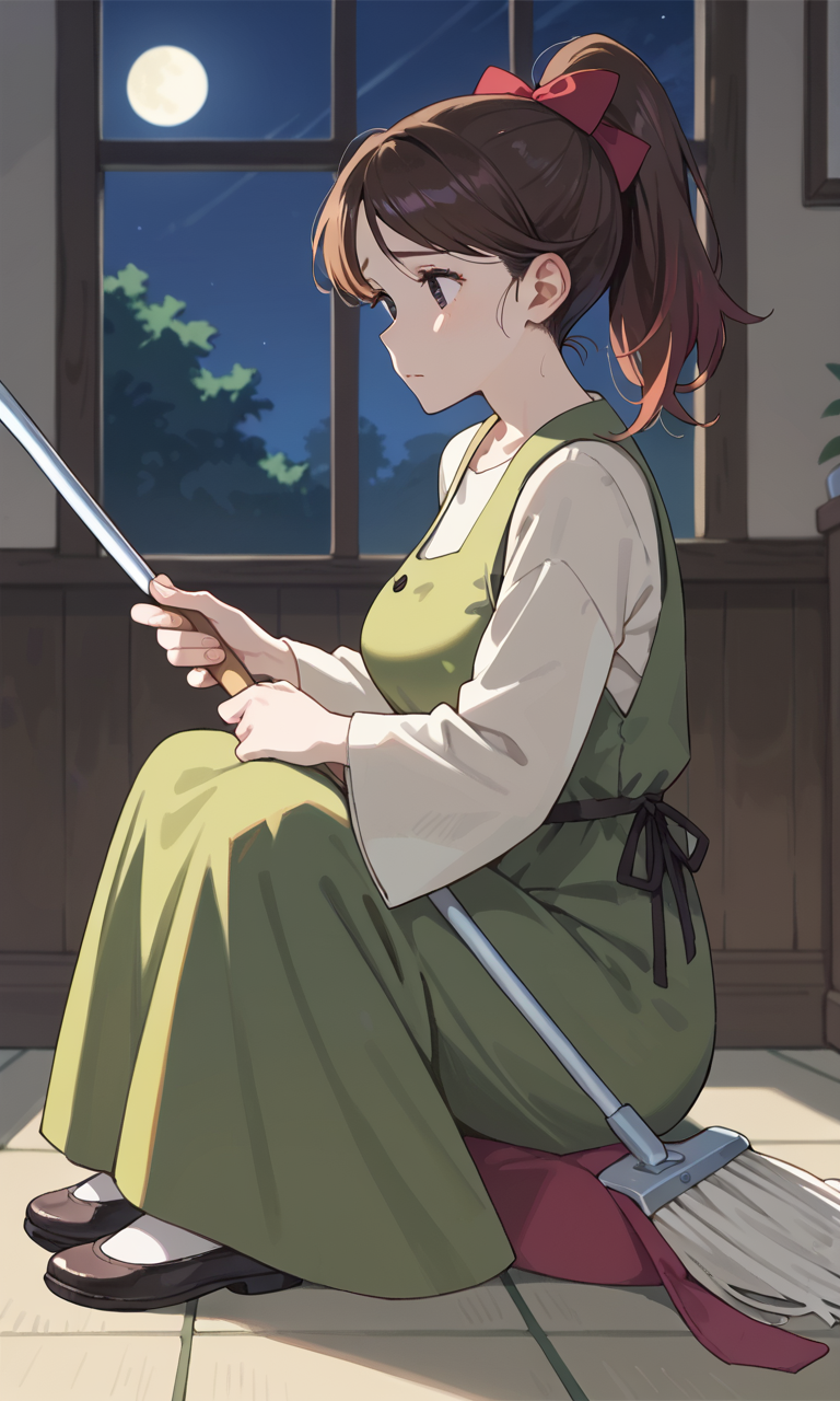 (1girl:1.5), (solo:1.3), (score_9, score_8_up, score_7_up, score_6_up, score_5_up, score_4_up), (source_anime), rating_questionable,
 (black eyes, dark blue pupils, eyelashes, brown hair, swept bangs, long hair, sad), <lora:shin-derayla-maid_v1:1> (shin-derayla-maid), (ponytail, red hair bow, green dress, pinafore dress, miniskirt, long sleeves shirt, wide sleeves), (large breasts),
night, indoors, holding mop, sitting, 
full body,  (from side:1.3)