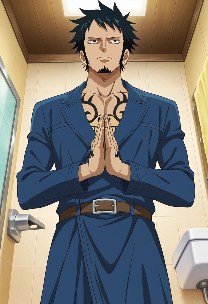 masterpiece, best quality, , anime screencap, anime coloring, official style, , 1boy, solo, male focus, <lora:law_trafalgar_ilxl:0.92>, law_trafalgar, black hair, black eyes, short hair, facial hair, sideburns, long sideburns, goatee, , earrings, post timeskip, , wide angle, wide shot, cowboy shot, bathroom, indoors, own hands together, expressionless, swashbuckler costume