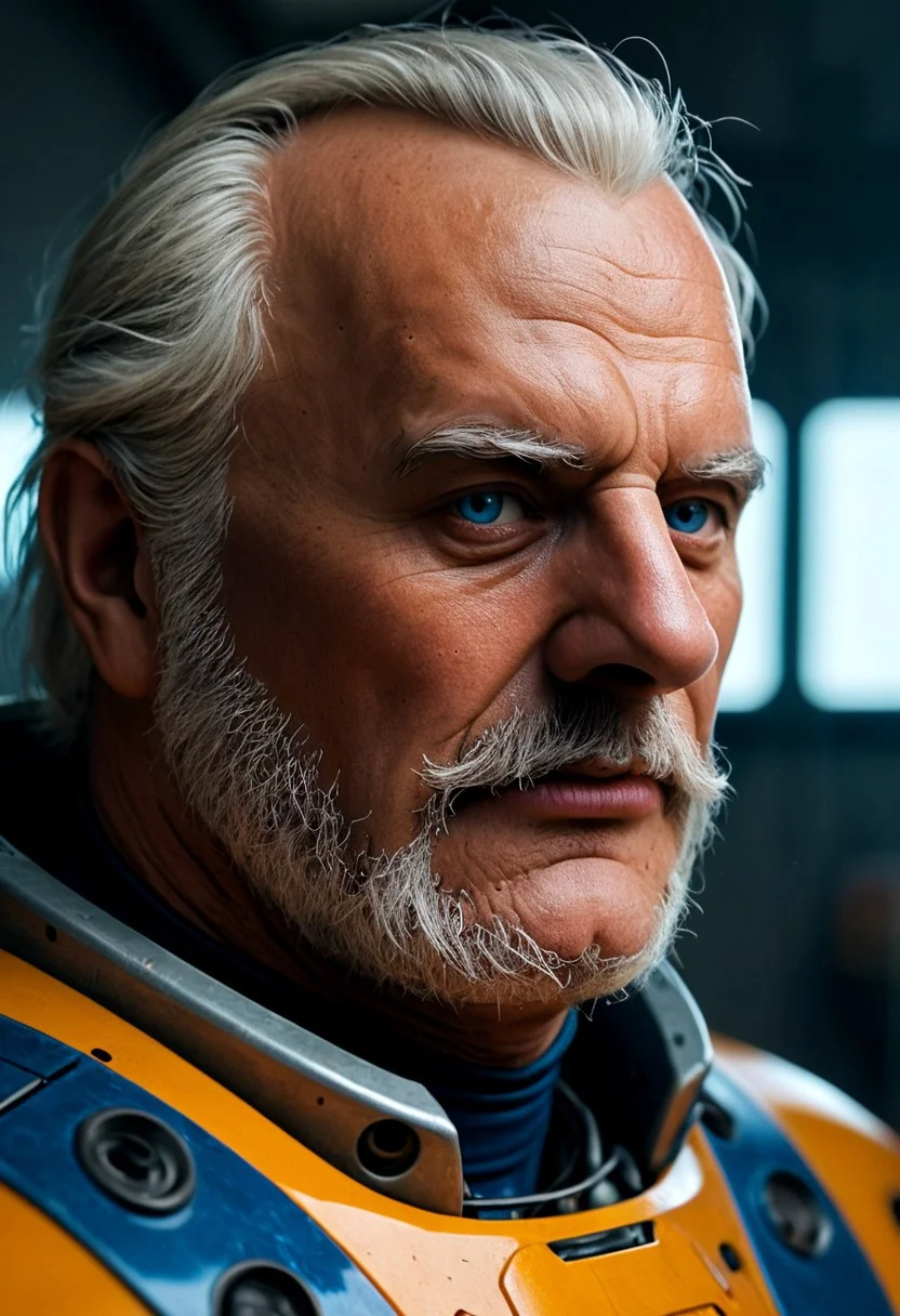 realistic, closeup portrait, face portrait, focus on face, seen from the side, dark cyberpunk megacity, neonlit background, volumetric light rays, natural light, alone, solo, relaxed cute pose, arm resting on leg, old granddad, old man, grandpa, tanned skin, strong tan, pubic-hair, pale blonde short hair, small flat crooked down nose, bushy eyebrows, hairy chest, chesthair, strong manly round chubby face, deep blue eyes, (charming, handsome, sensual, arrogant, challenging), wearing orange cybernetic armor, cables and wires, analogue tech, scifi armor, blue latex bodysuit, cybernetic bodysuit, cyberpunkt accessoires