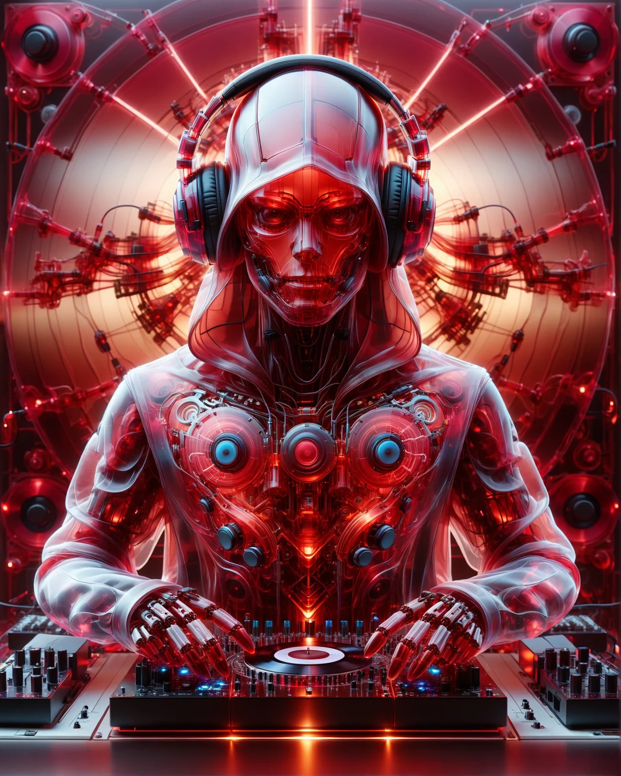 self transforming robot hacker, cloak and hood, headphones, intricate molecular abstraction wiring, rising energy, lumen reflections, symmetrical artwork with sharp focus, the musician plays multiple vinyl records on a massive fret board at a psychedelic party with cinematic lighting
<lora:dvr-trd:1> dvr-trd