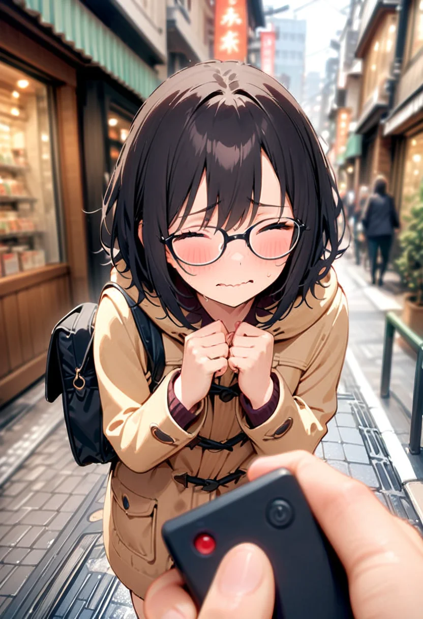 masterpiece, best quality, very aesthetic, absurdres,
1girl, solo, glasses, black hair, medium hair, medium breasts, duffle coat, black bag, embarrassed, closed eyes, wavy mouth, embarrassed, looking at viewer, own hands together, street, cityscape,
remote controller, holding, pov, fingernails, simple background,
<lora:remocon_SDXL_V2:0.8>