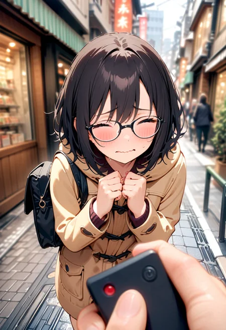 masterpiece, best quality, very aesthetic, absurdres,
1girl, solo, glasses, black hair, medium hair, medium breasts, duffle coat, black bag, embarrassed, closed eyes, wavy mouth, embarrassed, looking at viewer, own hands together, street, cityscape,
remote controller, holding, pov, fingernails, simple background,
<lora:remocon_SDXL_V2:0.8>