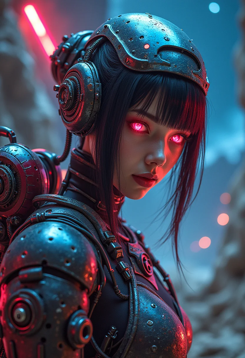 Detailed, masterpiece, professional, bold colors, neon color scheme, cybernetics, awe inspiring, photography inspired by Jeremy Mann, 30mm shot, HDR, female cyborg, mechanical arm, humanoid, ancient technology mixed with steampunk, mesmerizing eyes, clear acrylic body panels, internal circuitry, holding laser pickaxe, mining on an asteroid, space backdrop