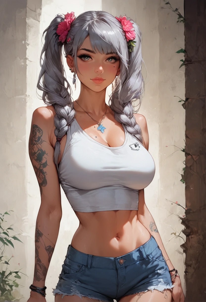 score_9, score_8_up, score_7_up, 1girl, tattoo, alone, flower, flower in hair, long hair, hair ornament, realistic, breasts, shorts, grey hair, mole, mole on chest, two pigtails, meme, looking at viewer, t-shirt, large breasts, crop top, sleeveless, tattoo on arms, tattoo on leg, standing