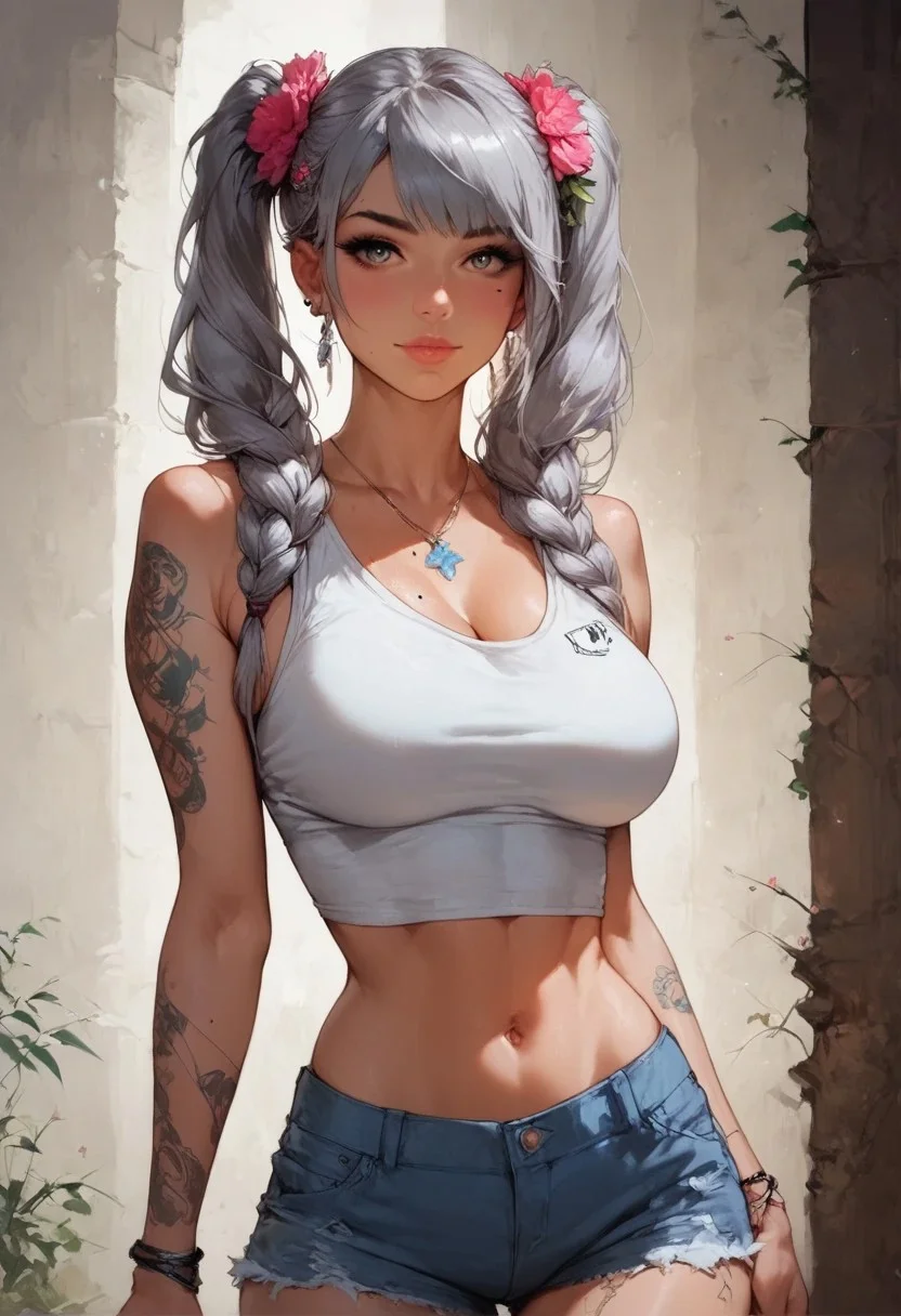 score_9, score_8_up, score_7_up, 1girl, tattoo, alone, flower, flower in hair, long hair, hair ornament, realistic, breasts, shorts, grey hair, mole, mole on chest, two pigtails, meme, looking at viewer, t-shirt, large breasts, crop top, sleeveless, tattoo on arms, tattoo on leg, standing