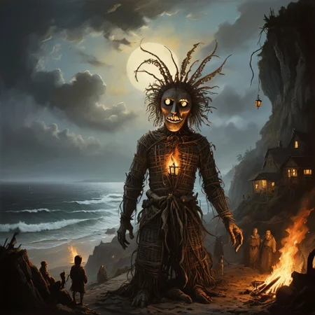 DonMn1ghtm4reXL, stephen gammell (artist), chiaroscuro, low-key, great lighting, corcoc3s, c3s,(Folk rural horror:1.5), (isolated island community:1.3), (massive wicker man structure:1.5), (twilight scene on coastal cliff:1.2), (jubilant villagers dancing:1.4), (pagan ritual atmosphere:1.3), (protagonist peeking out from wicker man's gaps:1.4), (flickering torches illuminating scene:1.2), (ominous bonfire preparations:1.3), (traditional folk costumes with unsettling masks:1.4), (contrast between festive mood and impending doom:1.5), (Celtic-inspired designs on wicker man:1.2), (stormy sea in background:1.1), oil painting technique, hyper-detailed, 8k resolution, (Edward Burra meets Thomas Hart Benton style:1.4), unsettling warm light from flames, (sense of inescapable fate:1.3), (blurred line between celebration and cruelty:1.4), photorealistic textures, (oppressive inevitability:1.3), (implicit threat in joyful faces:1.4), (foreboding atmosphere despite festivities:1.5), (implied danger rather than explicit content:1.4)