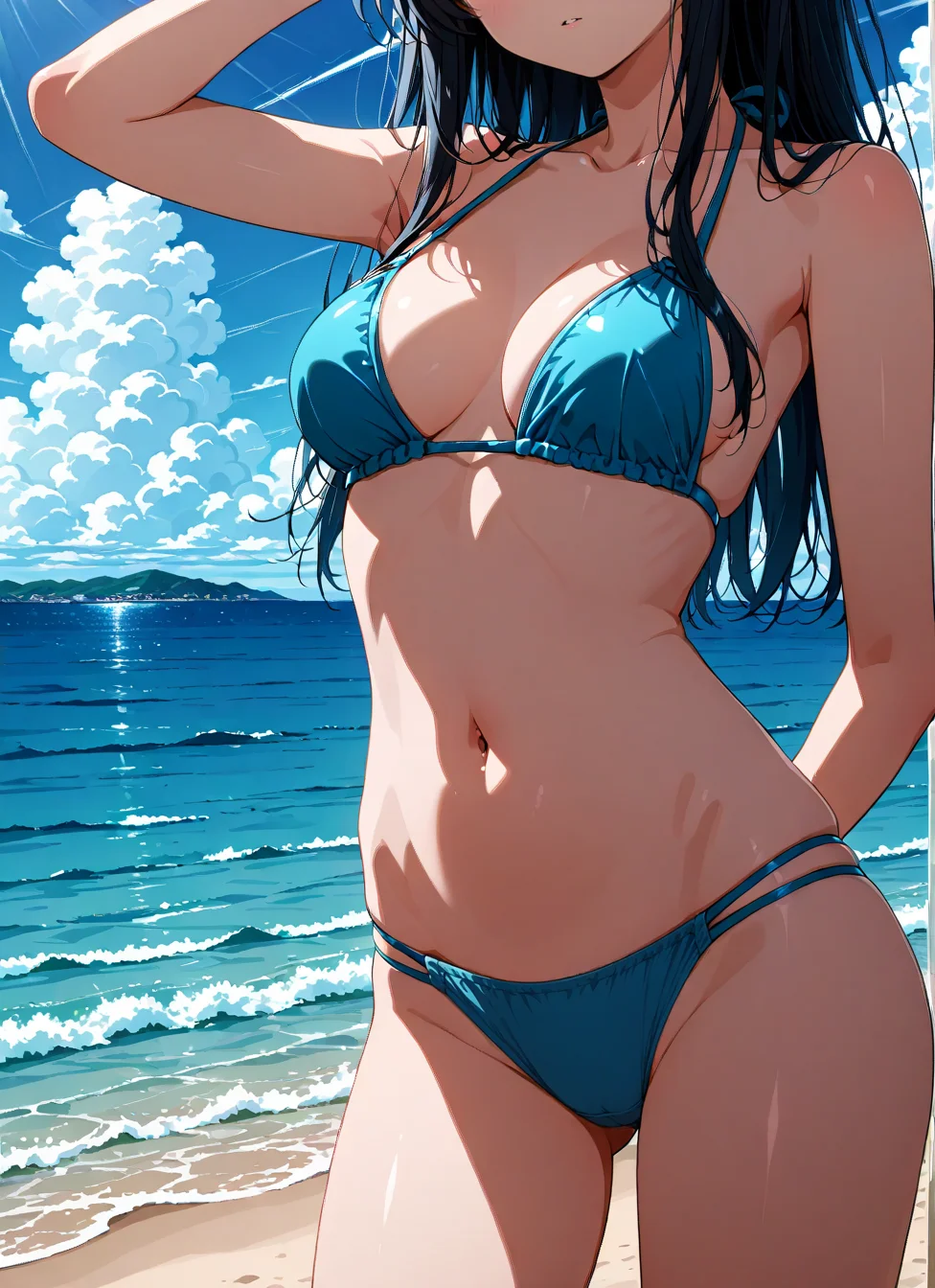 anime screencap, anime coloring, anime, cowboy shot, uncensored, 1girl, solo, standing, highleg swimsuit, fat pussy under clothes, outdoors, ocean, medium breasts, day, <lora:Fat_pussy_under_panties-v1.0:0.8>, <BREAK> , masterpiece, best quality, absurdres, highres, very aesthetic, high quality, detailed, insanely detailed, beautiful, very awa, anime screencap