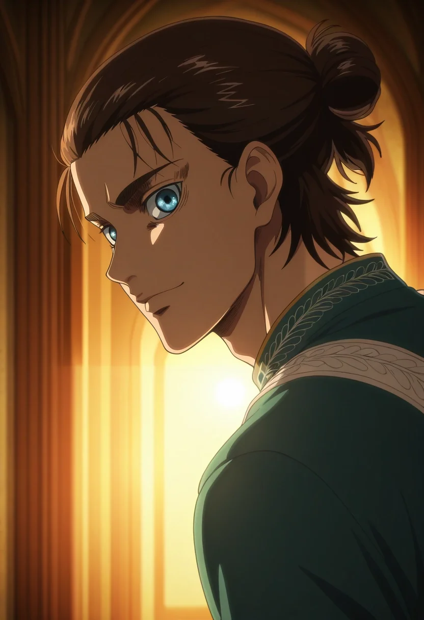 masterpiece, best quality, intricate details, anime screencap, anime coloring, , looking at viewer, , 1boy, solo, male focus, <lora:eren_yeager_ilxl:0.88>, eren_yeager_s4, brown hair, blue eyes, short hair, hair bun, single hair bun, from side, mont saint michel, light, dynamic pose, happy, , aged up,