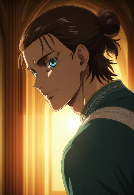 masterpiece, best quality, intricate details, anime screencap, anime coloring, , looking at viewer, , 1boy, solo, male focus, <lora:eren_yeager_ilxl:0.88>, eren_yeager_s4, brown hair, blue eyes, short hair, hair bun, single hair bun, from side, mont saint michel, light, dynamic pose, happy, , aged up,
