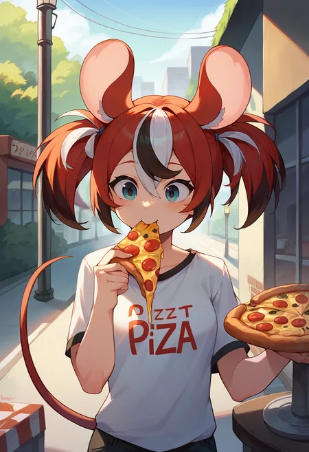 score_9, score_8_up, score_7_up, HakosBaelz, uneven twintails, mouse tail, t-shirt, eating, table, upper body, pizza, happy, lamp, outdoors, street, lamppost, <lora:HakosBaelzPDXL-000009:1>