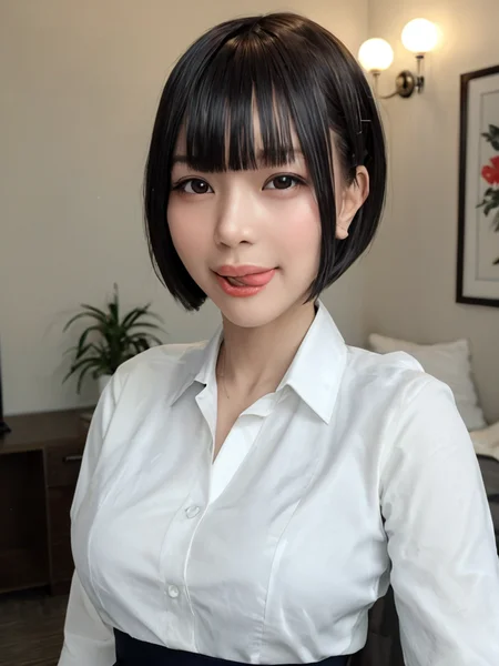 score_9, score_8_up, score_7_up, Hight detail RAW color photo, professional photograph,
(Composition from the waist up:1.5),
Beautiful Japanese Girl, Bobcut with bangs, Puffy face,
sticking out side tongue, Licking lips,
White collared blouse, Illuminated hotel room, peromilk,<lora:peromilk:1:1:lbw=0,0,0,0,0,0,1,1,1,0,0,0>