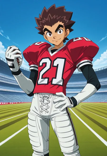 Yaoi figure PVC, PVC boy, PVC texture, male, High Quality, perfect anatomy, HD, anime style, break
TAROU RAIMON, 1boy, alone, brown hair, thick eyebrows, dark brown eyes, athletic build, smiling, posing, looking at viewer, football uniform, tight uniform, red and white uniform, football field
