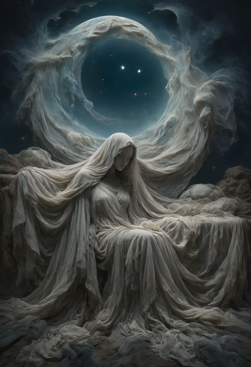 surreal scene of the night, with a nearly clear sky adorned with twinklings, colossal cosmic linen veil draping over the moon, resembling a sheet gently covering it, allowing glimpses of the moon's radiant glow to peek through in patches