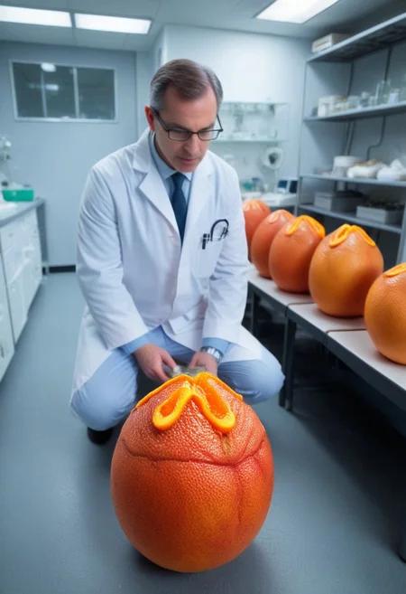 blood orange style, xenoegg, view of a group of unhatched xenoeggs, xenoeggs made of orange peel, horror theme, green light, space station interior, foggy ground, beautifully lit,
Doctor in lab coat inspecting eggs