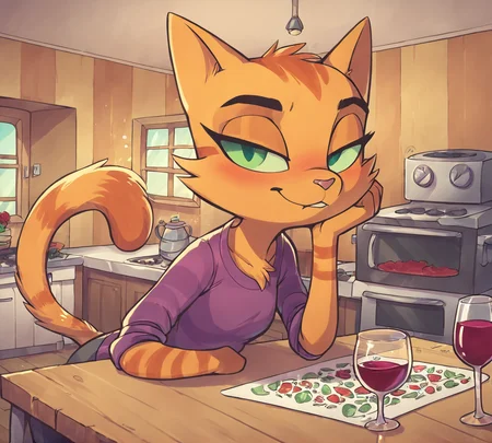Fran, zPDXL, best quality, amazing quality, score 9, 1girl, indoors, table, kitchen, wine, drunk, brooding, <lora:Fran:1>