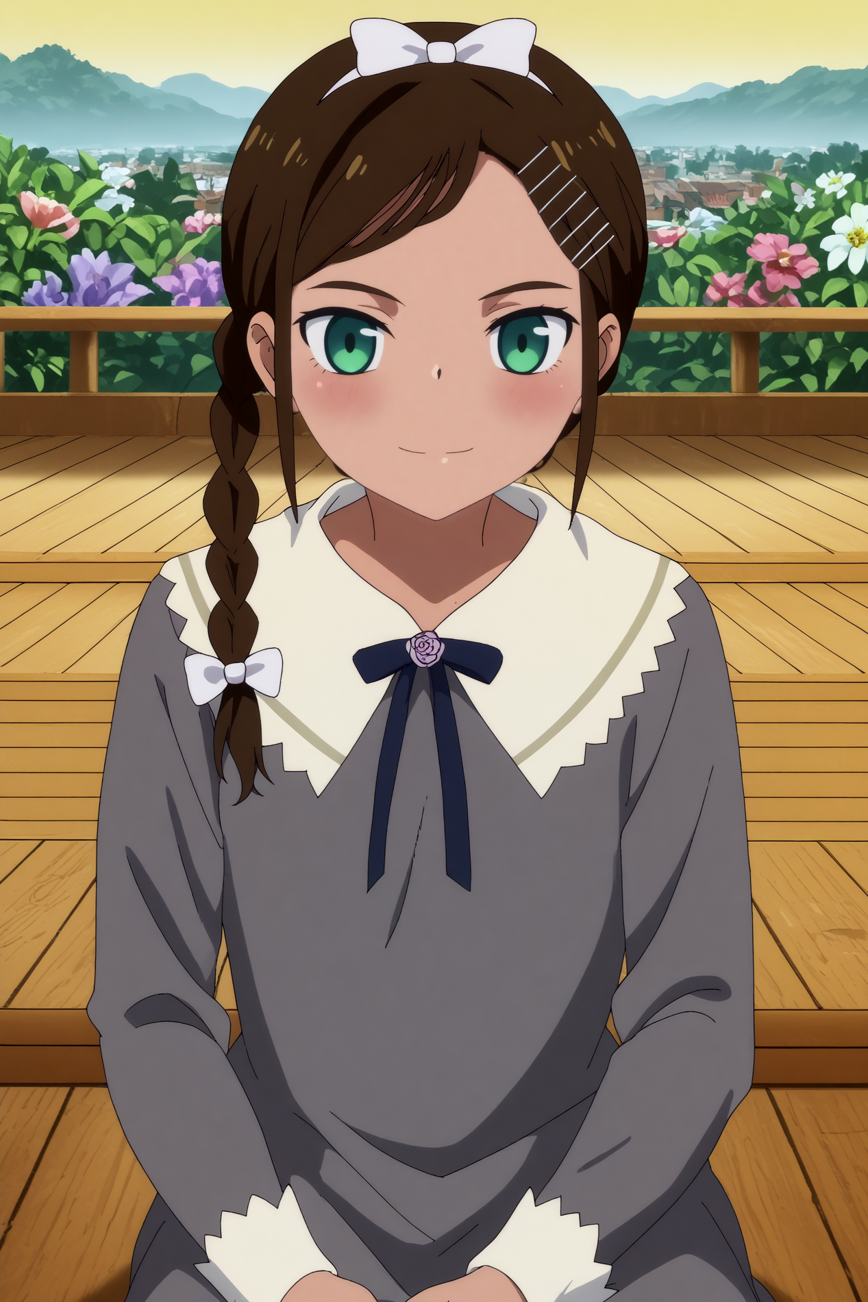 score_9, score_8_up, score_7_up, source_anime,anime screencap, screencap,(contrast:0.6), dark light,vibrance,bright colors,anime coloring,light reflections, glossy skin, shiny skin, megami magazine BREAK aonuma neiru,1girl,solo,smile,hair ornament,flower,hairclip,dark skin,short hair,braid,dress,twin braids,hair bow,long sleeves,upper body,sit,on floor BREAK outdoors,sunset,orange sky   <lora:Aonuma_Neiru_-_Wonder_Egg_Priority.safetensors:0.8> <lora:detailed_backgrounds_v2.safetensors:0.5>
