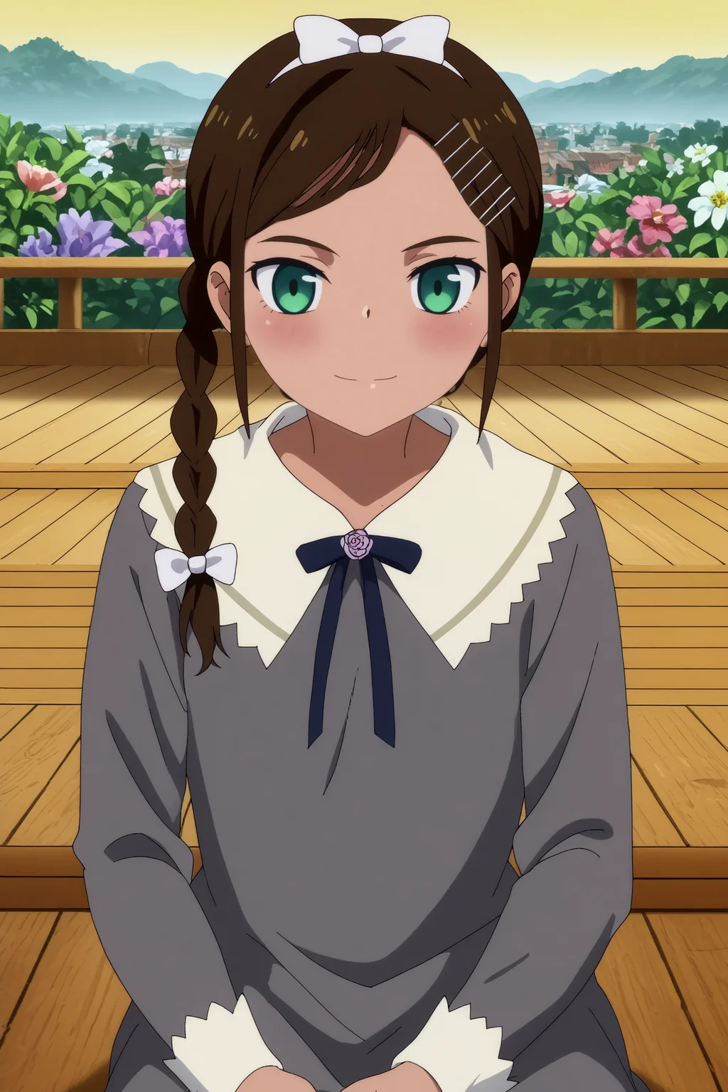 score_9, score_8_up, score_7_up, source_anime,anime screencap, screencap,(contrast:0.6), dark light,vibrance,bright colors,anime coloring,light reflections, glossy skin, shiny skin, megami magazine BREAK aonuma neiru,1girl,solo,smile,hair ornament,flower,hairclip,dark skin,short hair,braid,dress,twin braids,hair bow,long sleeves,upper body,sit,on floor BREAK outdoors,sunset,orange sky <lora:Aonuma_Neiru_-_Wonder_Egg_Priority.safetensors:0.8> <lora:detailed_backgrounds_v2.safetensors:0.5>