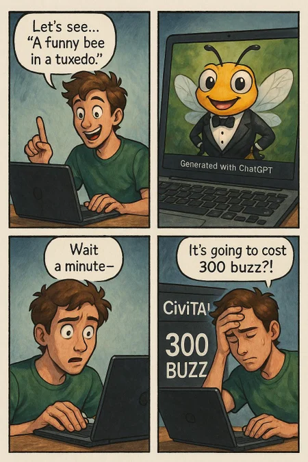a funny comic about a 300 buzz cost from civitai txt-2-img generation using openai's chatgpt image model. The comic is coherent, creative, stylish, innovative, and funny. Best quality english text and non-cartoony or non-toony style drawings.