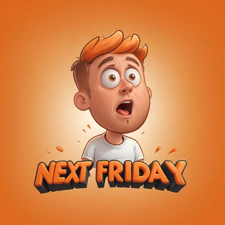 <lora:Web_Cartoon:0.8> cute, "Next Friday" text logo, a shocked man has his mind blown, 3d orange text, outline, professional graphics, vector art, simple background <lora:dvr-ftl:0.8>