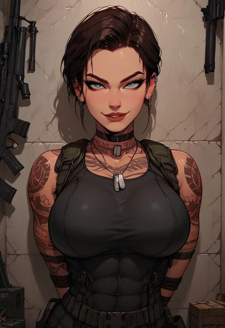 Score_9, Score8_up, Score_7_up, (((High Resolution, Best Quality))), 
1girl, solo, toned arms, Covered in Tattoos, neck tattoos, hair tied up, 
revealing bodysuit, tactical, military gear, large breasts, choker, dog tags, ear piece, rainbow six, 
seducing, seductive, flirty, tender, loving, playful, looking at viewer, smug, 
Leaning against wall, holding gun, inspecting gun,  
inside, Military, military base, military barracks, cots, crates, military boxes, guns, bullets, supplies,