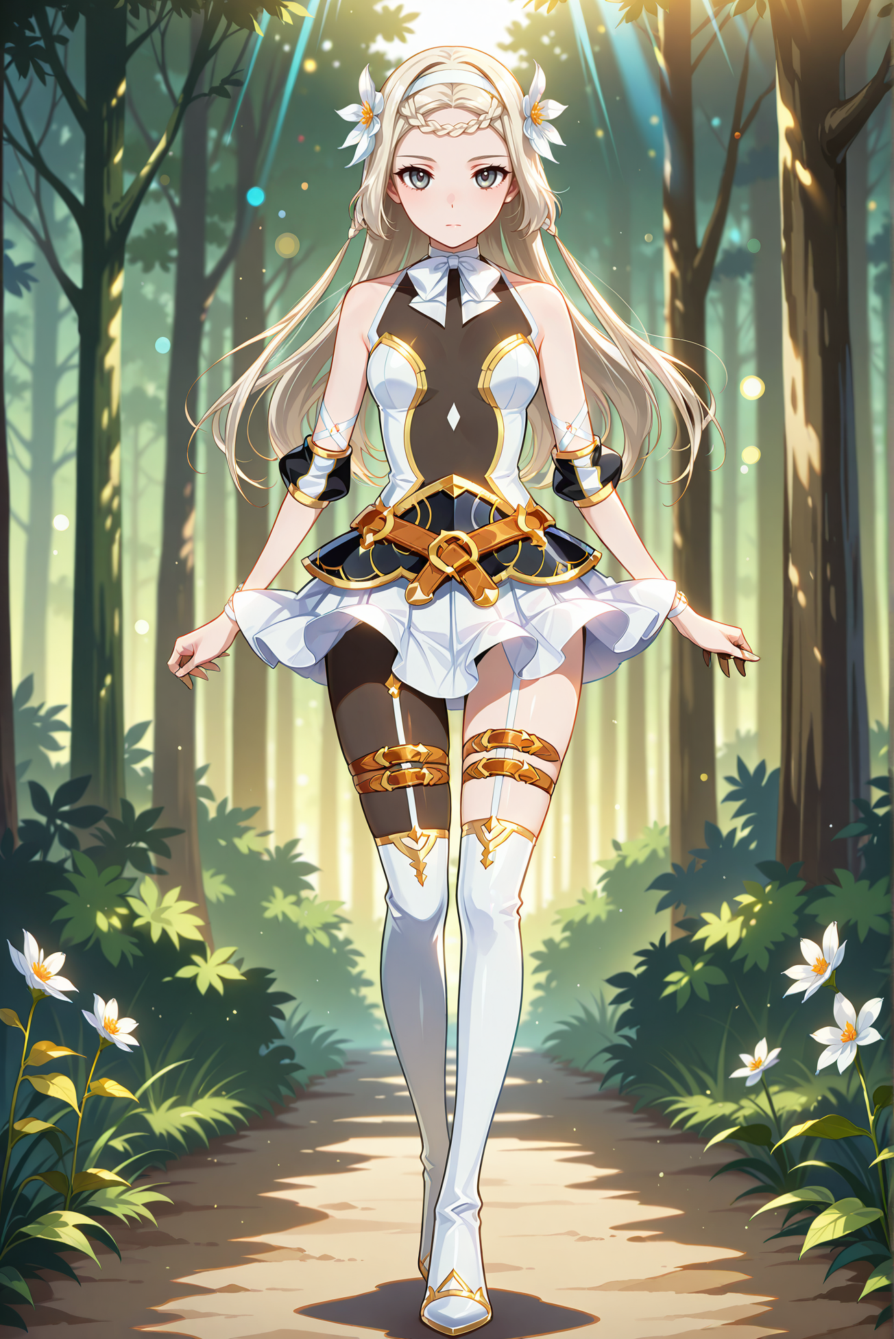 masterpiece, best quality, anime, 2d, 1girl, (anime screencap), (slender), (small breasts), solo, <lora:E7-Iseria-ILXL-V1:1> is3ria
BREAK (platinum blonde hair, long hair, braided bangs, hair flower, white flower, white hairband), outdoors, forest, <lora:RealisticAnimeIXL:0.5>, bokeh, luminescent background,
BREAK (white dress, see-through cleavage, see-through, gold trim, jewelry, black armor, white skirt, miniskirt, elbow sleeve, finger cots, bowtie, white bow, white footwear, thighboots),
BREAK (thigh belt, thigh strap, single leg pantyhose, black pantyhose, belt, strapless, halterneck) 
BREAK (looking at viewer, full body:1.4), (grey eyes, expressionless)