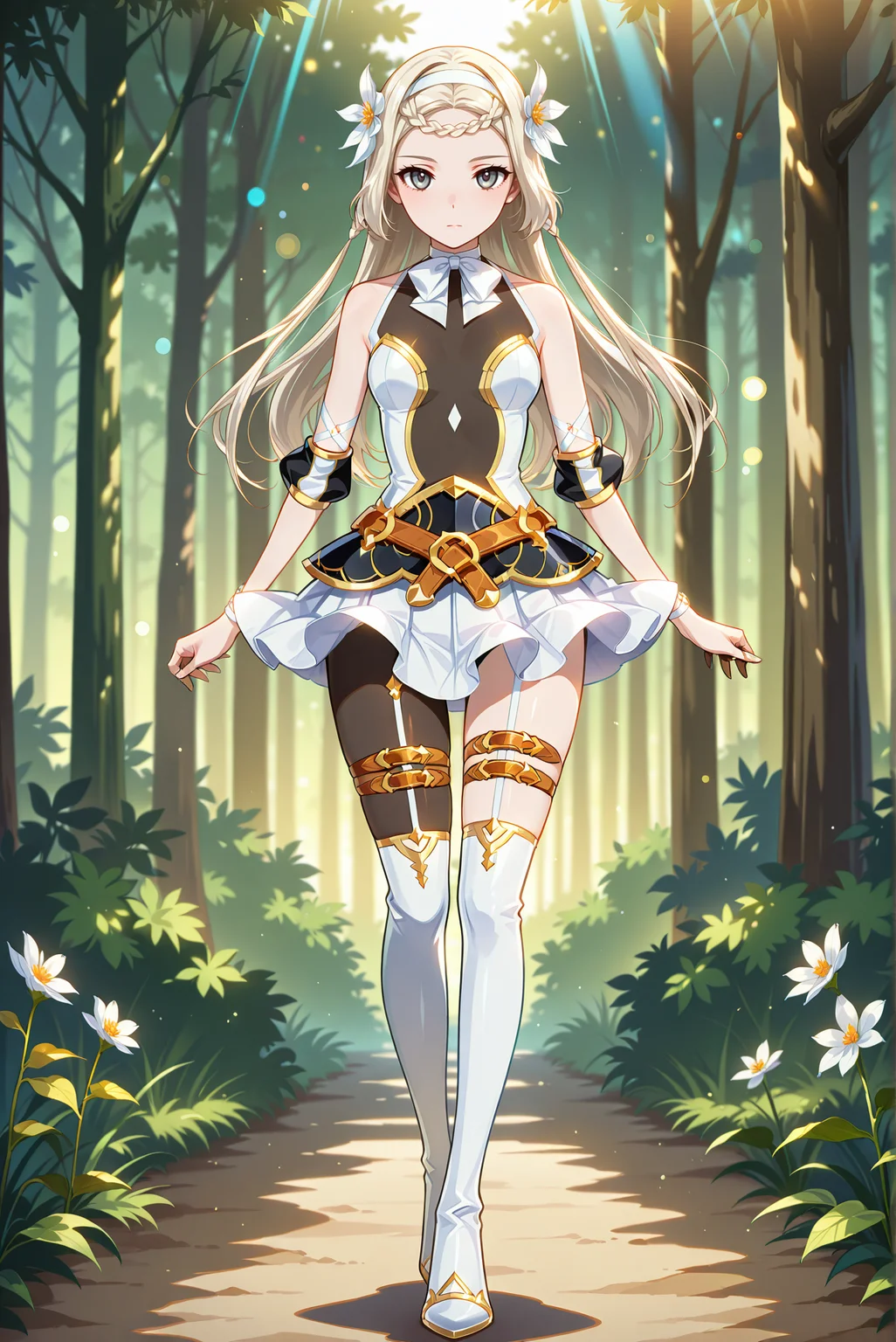 masterpiece, best quality, anime, 2d, 1girl, (anime screencap), (slender), (small breasts), solo, <lora:E7-Iseria-ILXL-V1:1> is3ria
BREAK (platinum blonde hair, long hair, braided bangs, hair flower, white flower, white hairband), outdoors, forest, <lora:RealisticAnimeIXL:0.5>, bokeh, luminescent background,
BREAK (white dress, see-through cleavage, see-through, gold trim, jewelry, black armor, white skirt, miniskirt, elbow sleeve, finger cots, bowtie, white bow, white footwear, thighboots),
BREAK (thigh belt, thigh strap, single leg pantyhose, black pantyhose, belt, strapless, halterneck) 
BREAK (looking at viewer, full body:1.4), (grey eyes, expressionless)