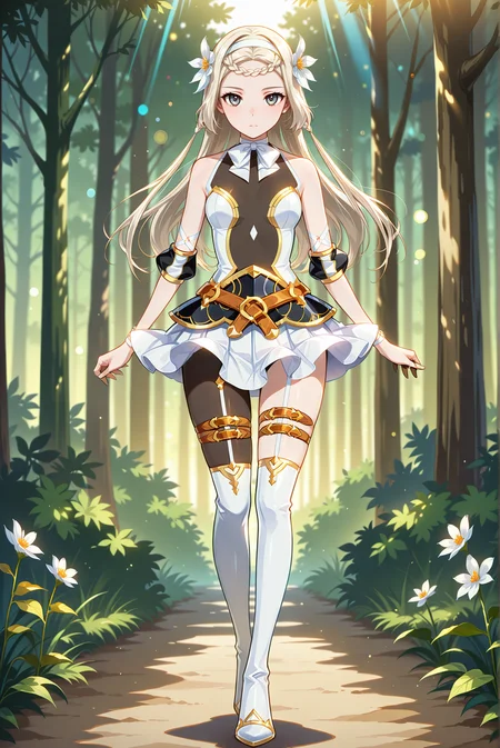 masterpiece, best quality, anime, 2d, 1girl, (anime screencap), (slender), (small breasts), solo, <lora:E7-Iseria-ILXL-V1:1> is3ria
BREAK (platinum blonde hair, long hair, braided bangs, hair flower, white flower, white hairband), outdoors, forest, <lora:RealisticAnimeIXL:0.5>, bokeh, luminescent background,
BREAK (white dress, see-through cleavage, see-through, gold trim, jewelry, black armor, white skirt, miniskirt, elbow sleeve, finger cots, bowtie, white bow, white footwear, thighboots),
BREAK (thigh belt, thigh strap, single leg pantyhose, black pantyhose, belt, strapless, halterneck)
BREAK (looking at viewer, full body:1.4), (grey eyes, expressionless)