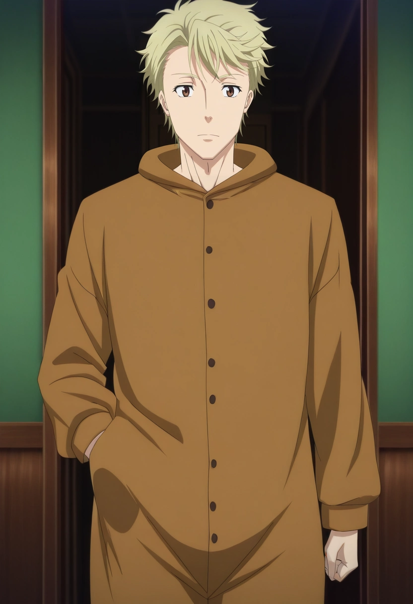 masterpiece, best quality, anime screencap, official style, anime coloring, cowboy shot, 1boy, solo, male focus, <lora:john_h_watson_ilxl:0.92>, john_h_watson, blonde hair, brown eyes, short hair, , , camel costume