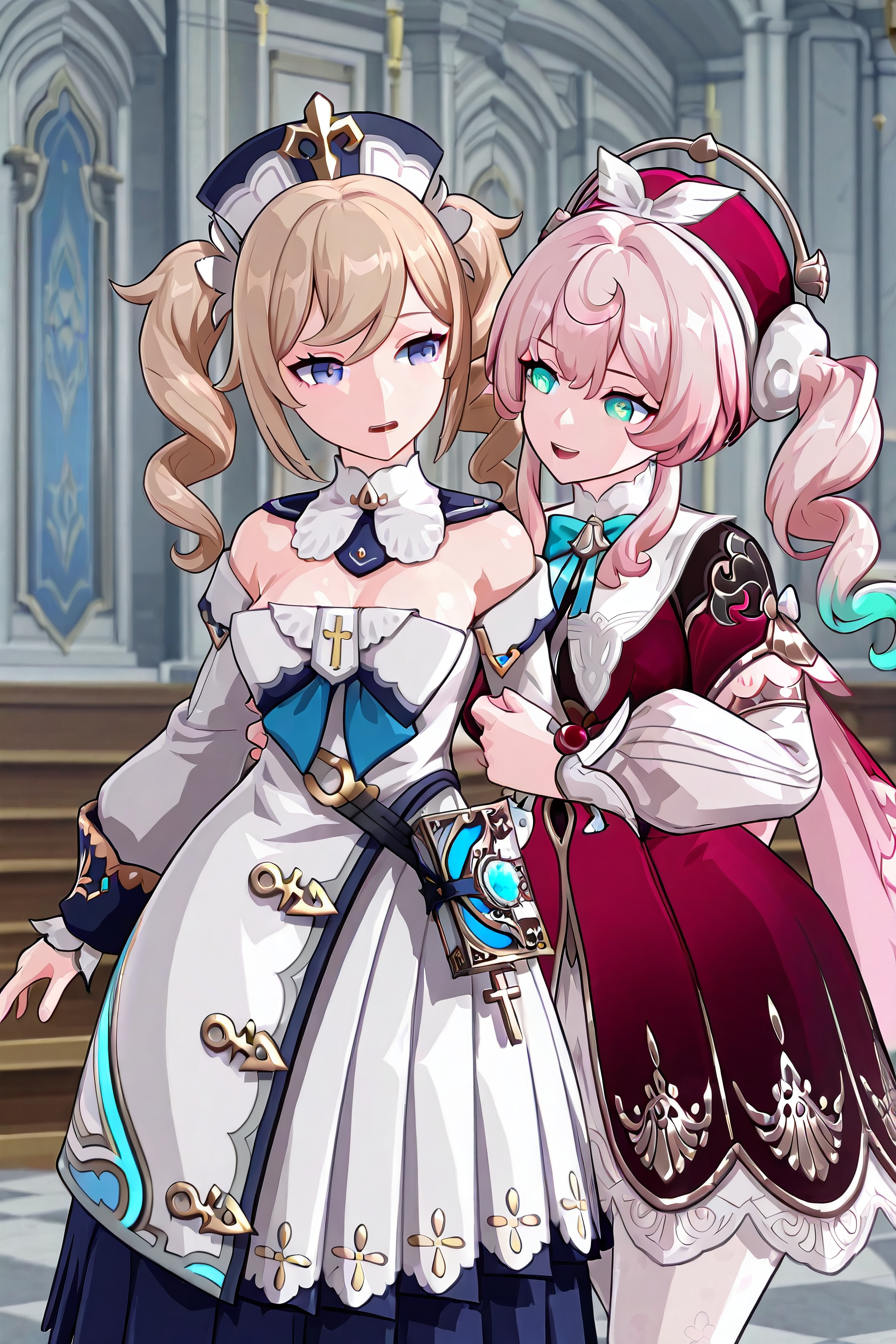 shiny skin, posing,
<lora:hyacine.il:1>,
2girls, 
hyacine, barbara, 
large breasts, wide hips, 
yuri, undressing other,