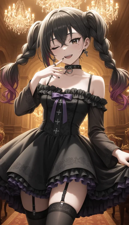 masterpiece, best quality, indoors,
<lora:AkiraC5NXL:1>, AkiraC5, black hair, multicolored hair, twintails, twin braids, hair between eyes, crossed bangs, brown eyes, mole under eye, earrings, jewelry, black collar, bare shoulders, off shoulder, collarbone, small breasts, frills, black dress, off-shoulder dress, frilled dress, purple bow, long sleeves, long skirt, skirt hold, black thighhighs, garter straps, finger to mouth, one eye closed, open mouth, sharp teeth, wink, facing viewer