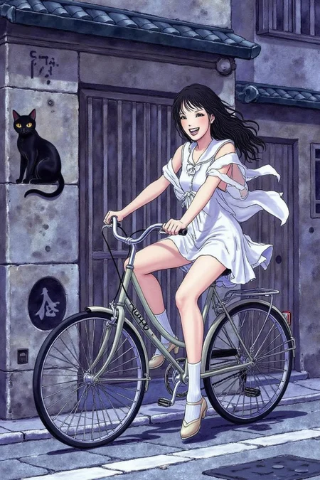 itacomic1 illustration. A Japanese school girl riding a old style bicycle through a narrow, quiet street at night. The happy woman wears a simple, flowing dress. In the corner, a small black cat with piercing eyes sits watching her quietly. The mood is tranquil and slightly magical. Soft lighting, deep blue tones, detailed shading, ethereal, cinematic composition  <lora:itacomic_mima3_fl_d4a2:1.0><lora:800885408121677916:0>
