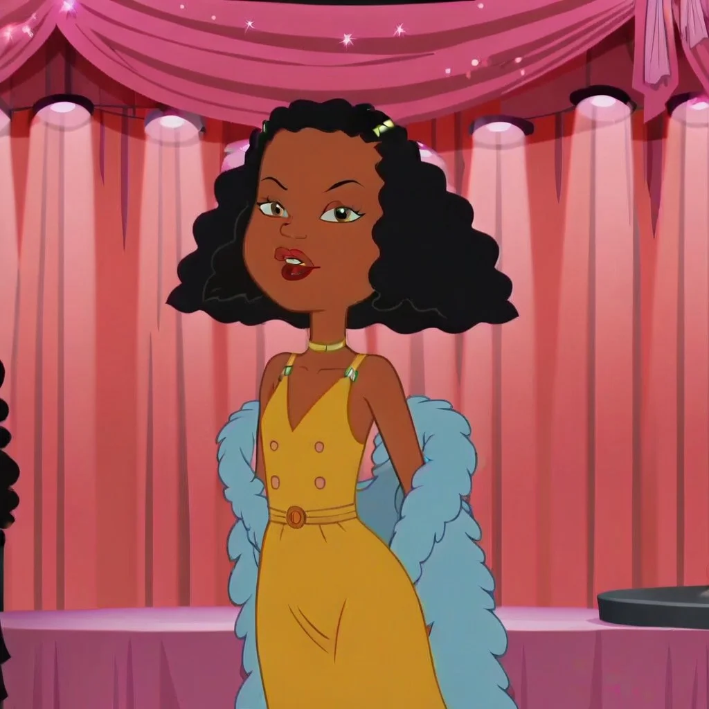 narrow waist, wide hips, flat chest, looking at viewer, dress, feather boa, stage, spotlight, high quality, highres, masterpiece, absurdres,
cartoon, screencap, source_cartoon
Ashley Boulet, 1girl, dark-skinned female, black hair, afro, lips